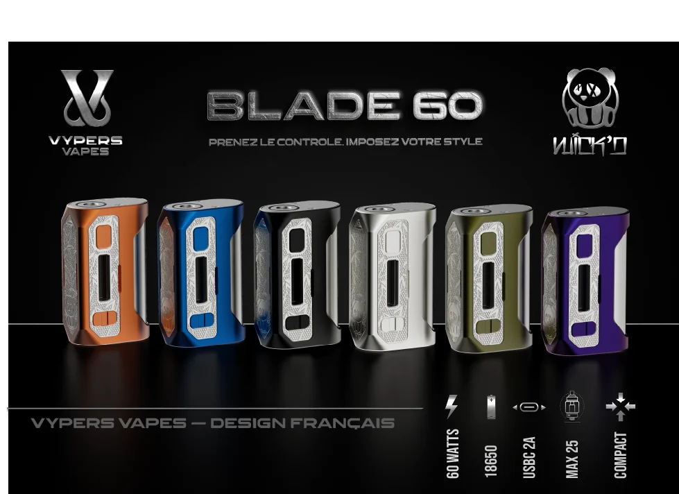 Blade 60 — Mod compact 18650 panneaux magnétiques Vypers Vapes × Wick'D, six finitions