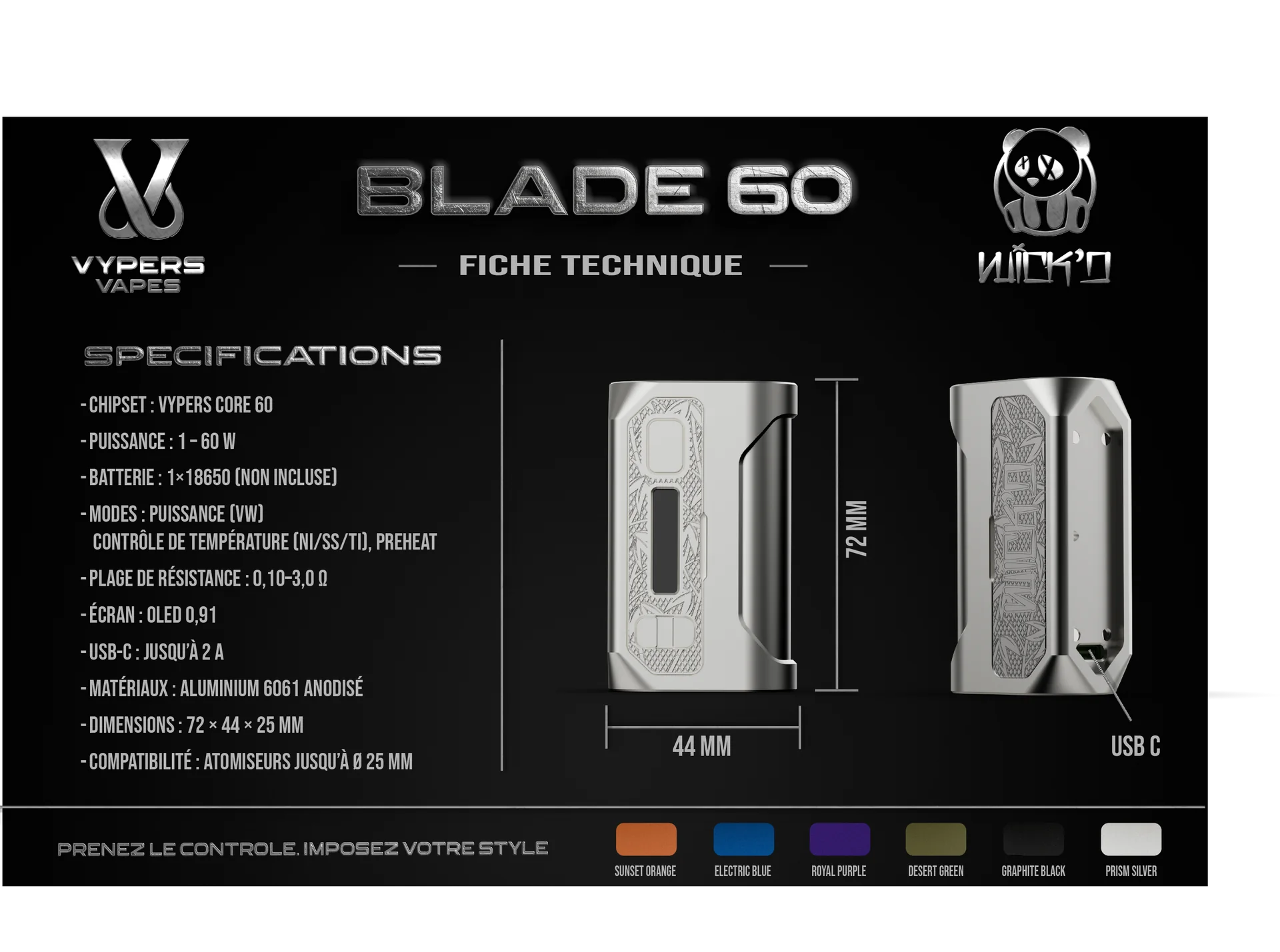Blade 60 VV60 — Vue technique fiche matériaux aluminium 6061 anodisé